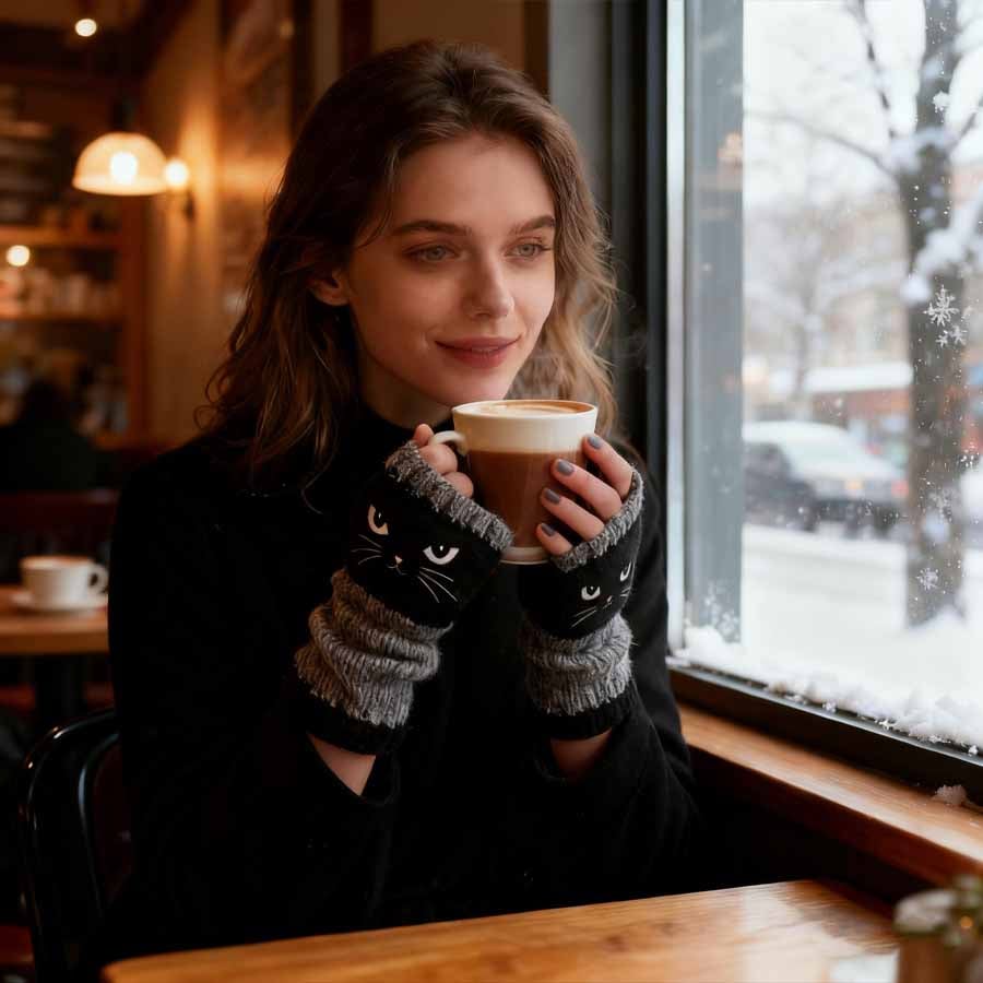 🔥Achetez-en 2, la livraison est gratuite🐱55 % de réduction🧶Gants sans doigts en tricot à broderie de chat mignonne