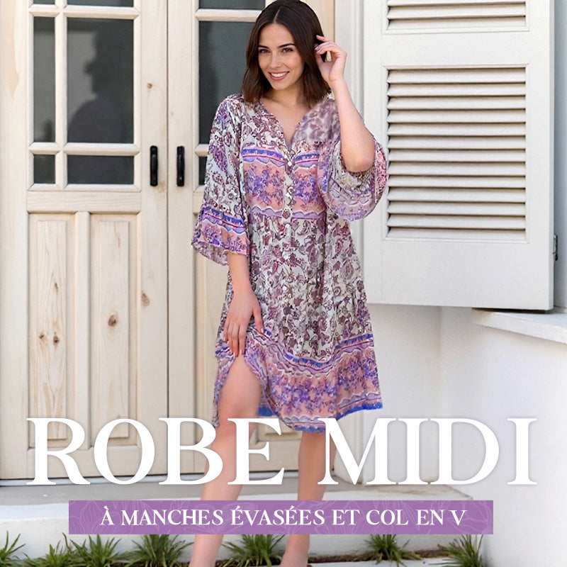 🔥50% de réduction👗Robe midi fleurie à manches évasées et col en V