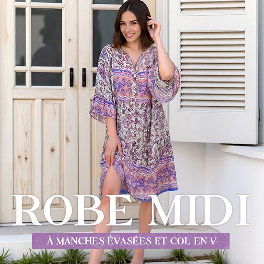 🔥50% de réduction👗Robe midi fleurie à manches évasées et col en V