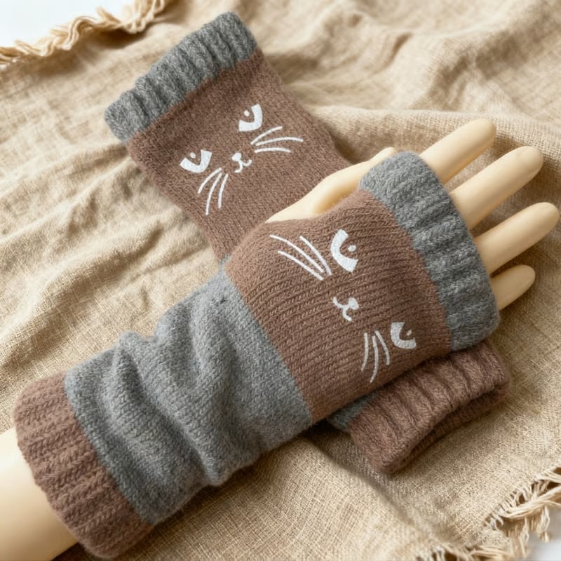 🔥Achetez-en 2, la livraison est gratuite🐱55 % de réduction🧶Gants sans doigts en tricot à broderie de chat mignonne