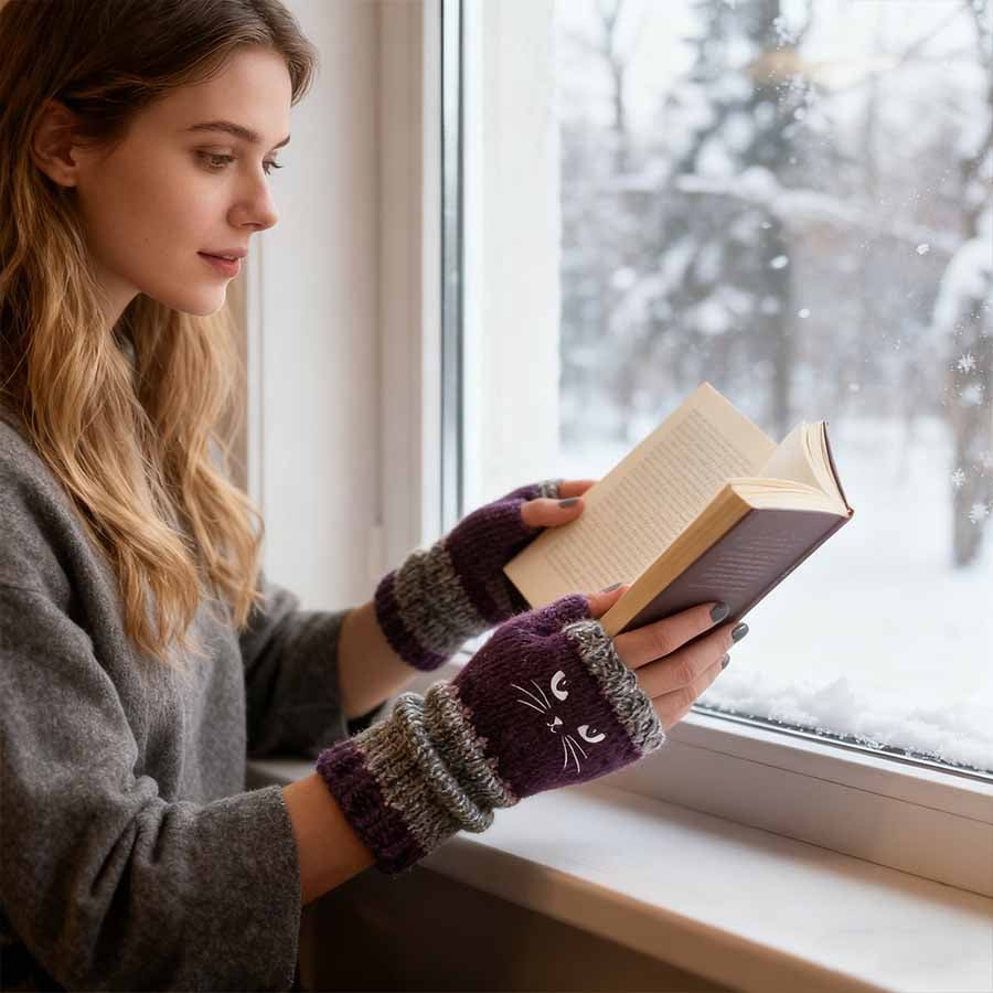 🔥Achetez-en 2, la livraison est gratuite🐱55 % de réduction🧶Gants sans doigts en tricot à broderie de chat mignonne