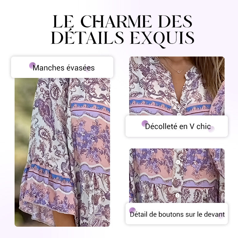 🔥50% de réduction👗Robe midi fleurie à manches évasées et col en V