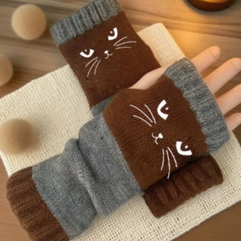 🔥Achetez-en 2, la livraison est gratuite🐱55 % de réduction🧶Gants sans doigts en tricot à broderie de chat mignonne