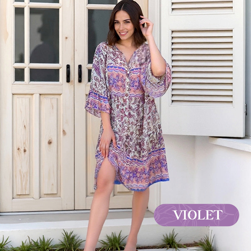 🔥50% de réduction👗Robe midi fleurie à manches évasées et col en V