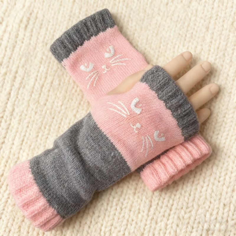 🔥Achetez-en 2, la livraison est gratuite🐱55 % de réduction🧶Gants sans doigts en tricot à broderie de chat mignonne