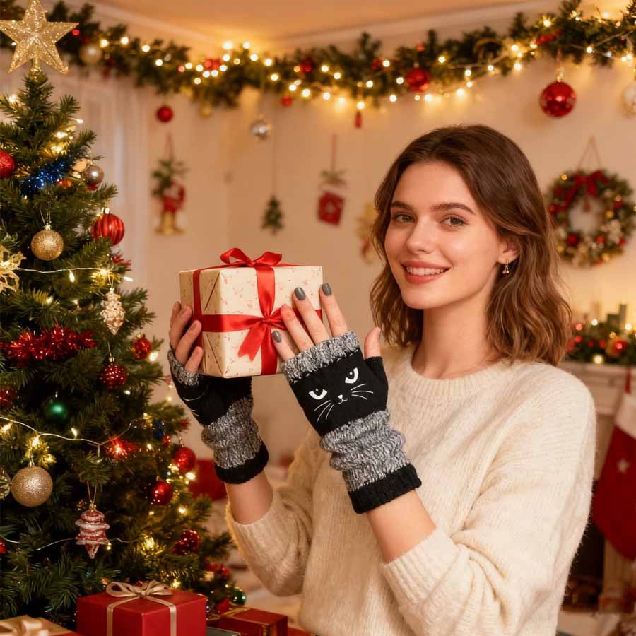 🔥Achetez-en 2, la livraison est gratuite🐱55 % de réduction🧶Gants sans doigts en tricot à broderie de chat mignonne