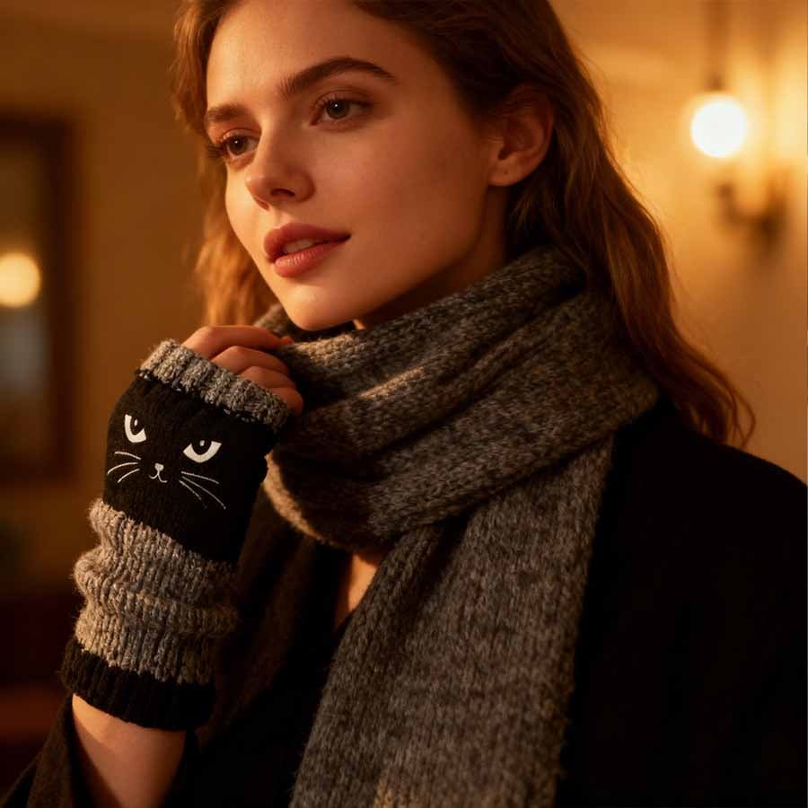🔥Achetez-en 2, la livraison est gratuite🐱55 % de réduction🧶Gants sans doigts en tricot à broderie de chat mignonne