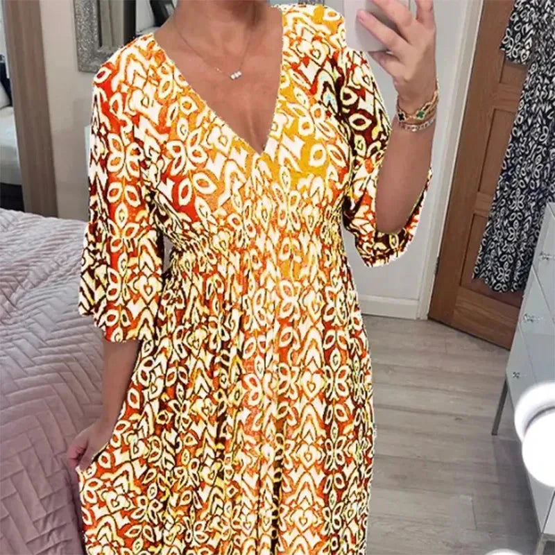 🔥49% de réduction  😍Robe longue à encolure en V et imprimé bohémien décontracté