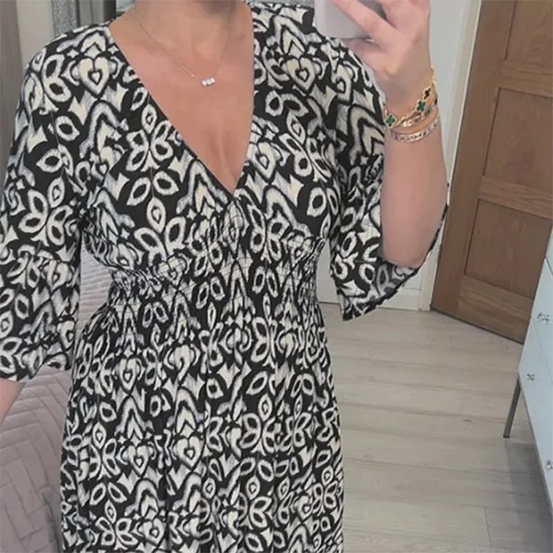 🔥49% de réduction  😍Robe longue à encolure en V et imprimé bohémien décontracté