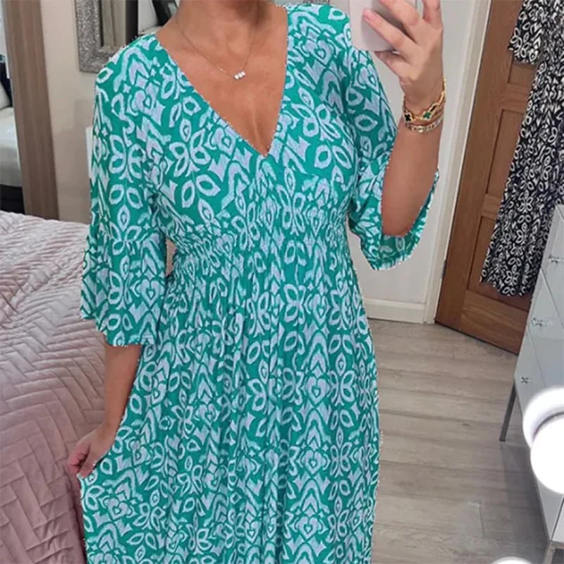 🔥49% de réduction  😍Robe longue à encolure en V et imprimé bohémien décontracté