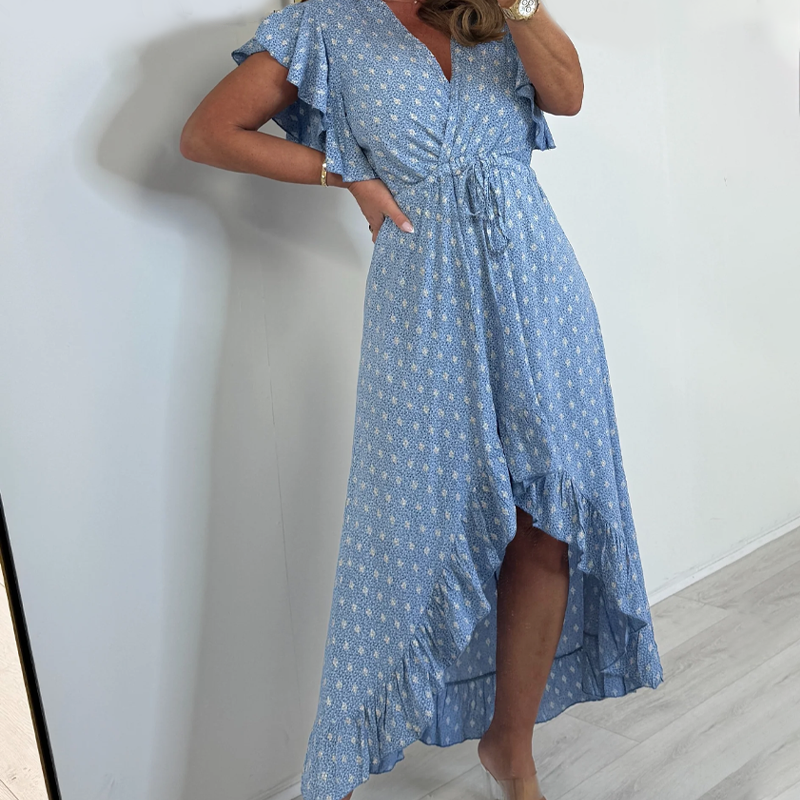 Women's Resort Style V-Neck Polka Dot Ruffle Sleeve Dress