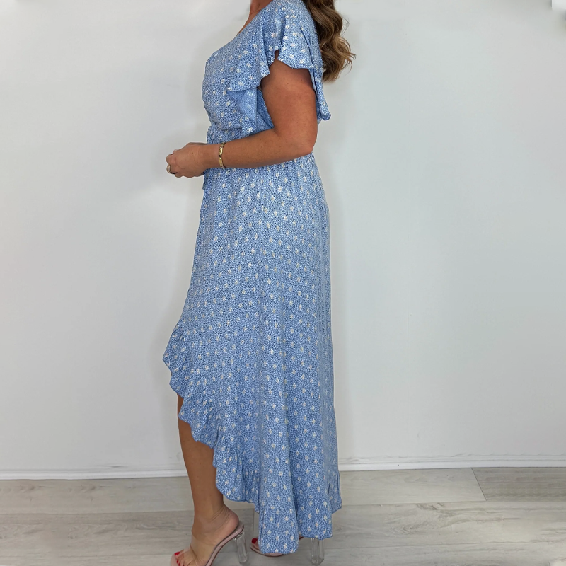 Women's Resort Style V-Neck Polka Dot Ruffle Sleeve Dress