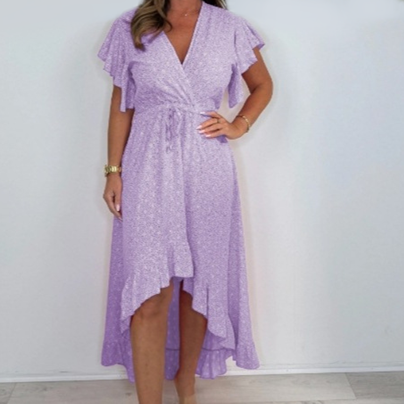 Women's Resort Style V-Neck Polka Dot Ruffle Sleeve Dress