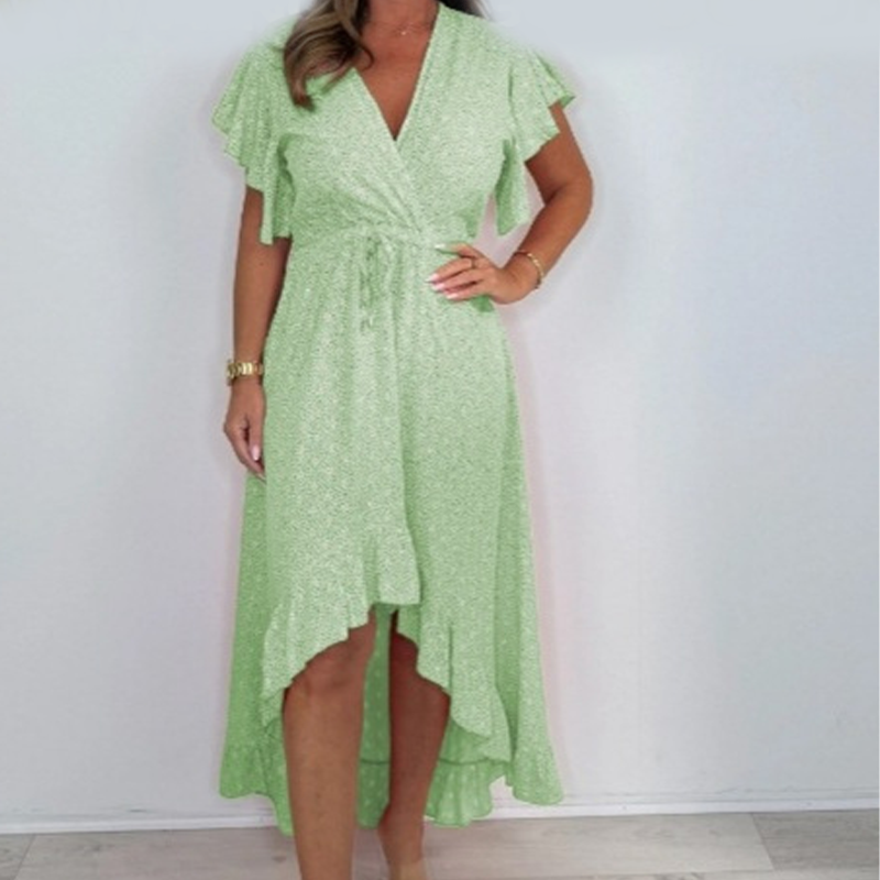 Women's Resort Style V-Neck Polka Dot Ruffle Sleeve Dress