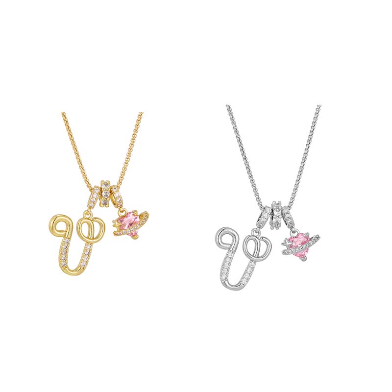 Initial Letter Necklace with Pink Heart Charm